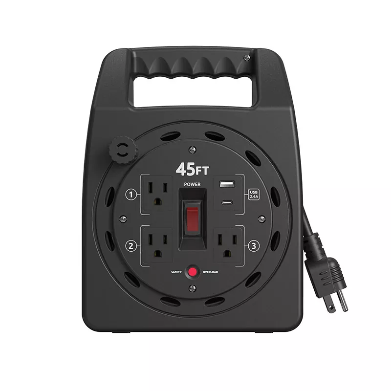 ओवरलोड सुरक्षा के साथ 3 आउटलेट यूएसबी2.4ए प्लास्टिक कॉर्ड रील 45 फीट ओवरलोड सुरक्षा के साथ 3 आउटलेट यूएसबी2.4ए प्लास्टिक कॉर्ड रील 45 फीट